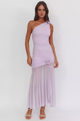 Gorgeous lining with single shoulder pleat details, rose embellishment, slit, see through hem, zipper on the side, Prom Dresses