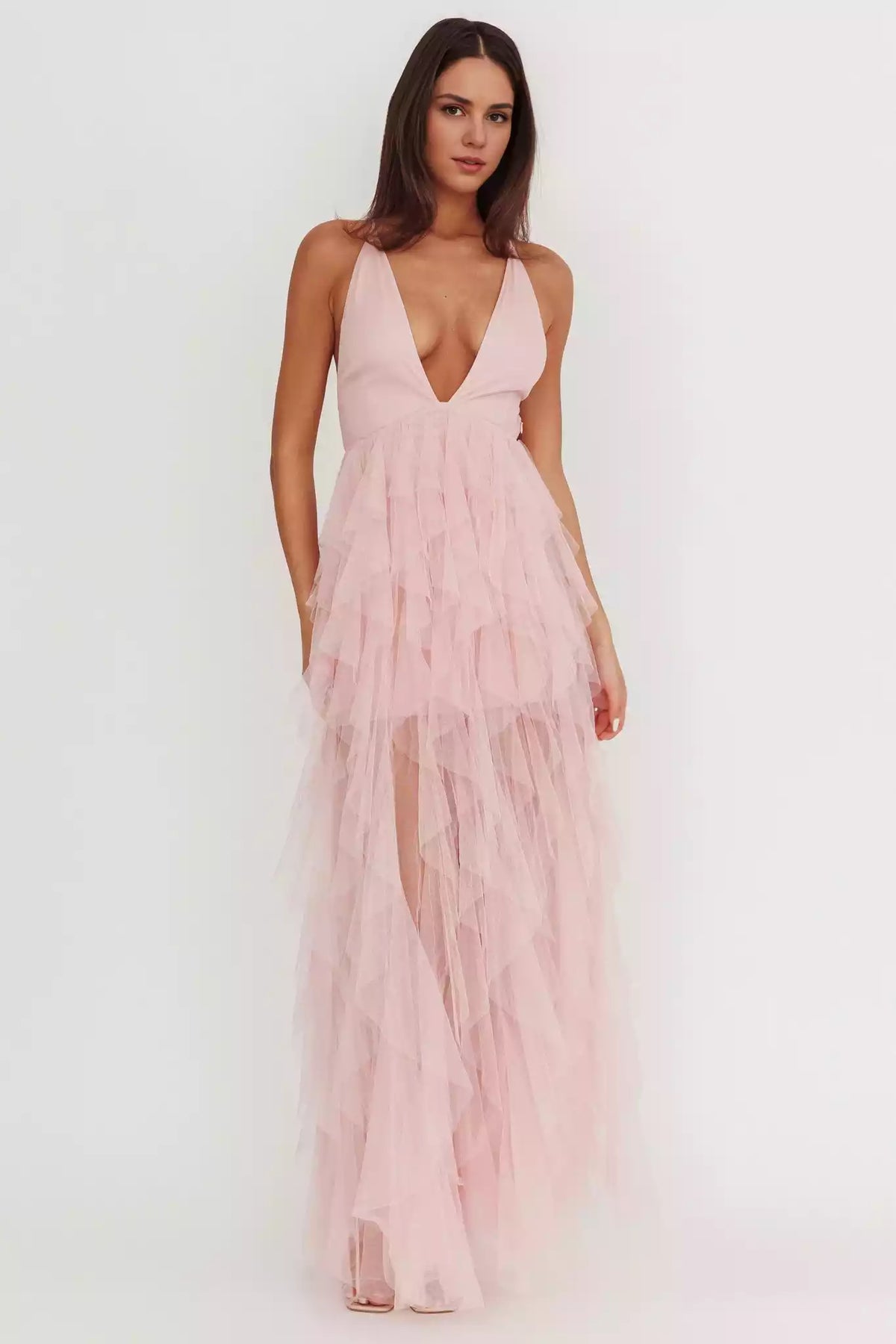 Gorgeous low cut layered ruffle lined backless lace up back with zipper Prom Dresses