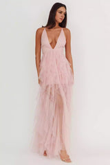 Gorgeous low cut layered ruffle lined backless lace up back with zipper Prom Dresses