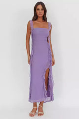 Gorgeous mesh, ultra long adjustable ruffle edge shoulder straps with pleated details on the chest and zipper on the back Prom Dresses