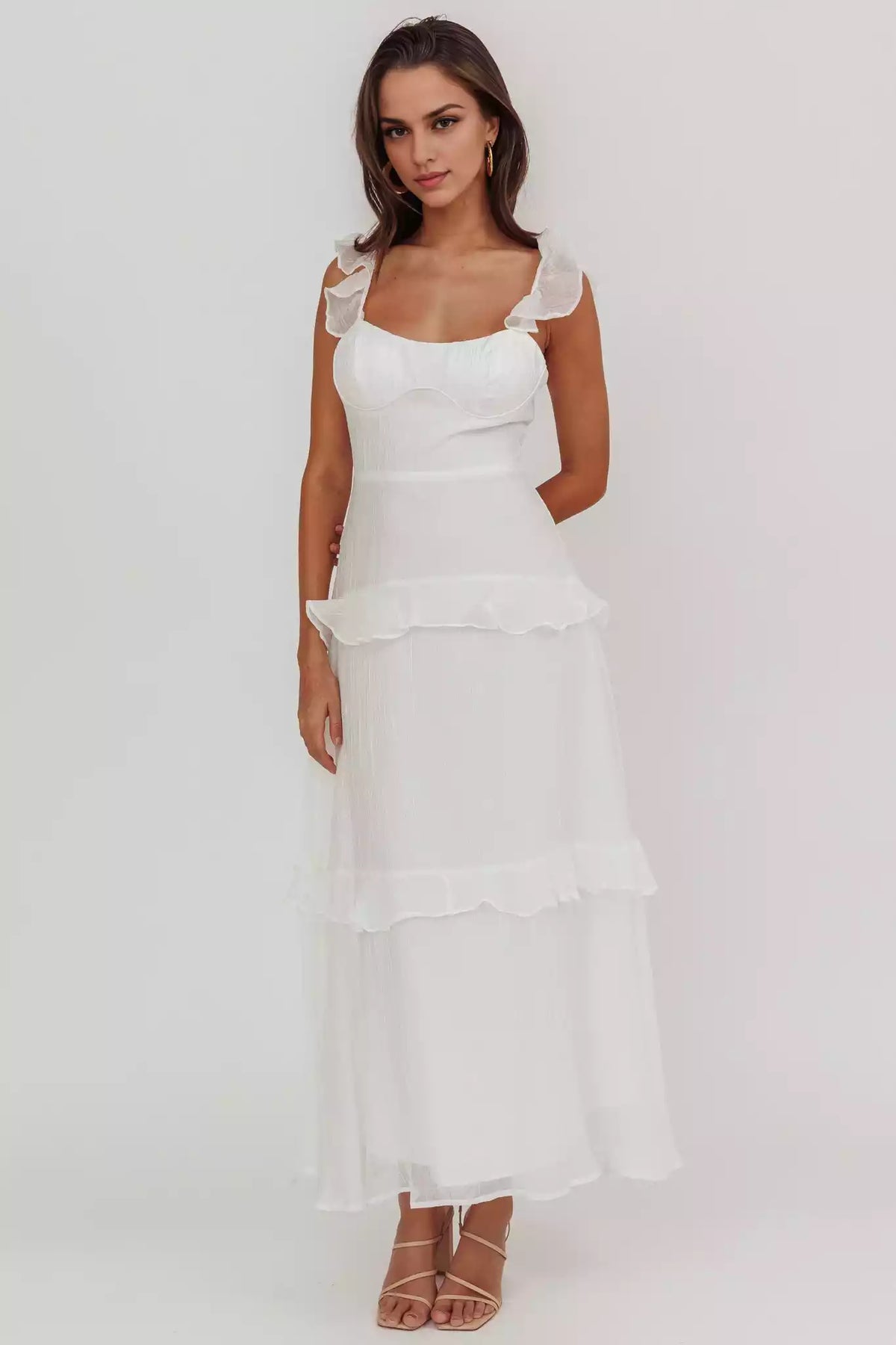 Gorgeous ruffled shoulder straps, tight corset with decorative details, zipper at the back Prom Dresses