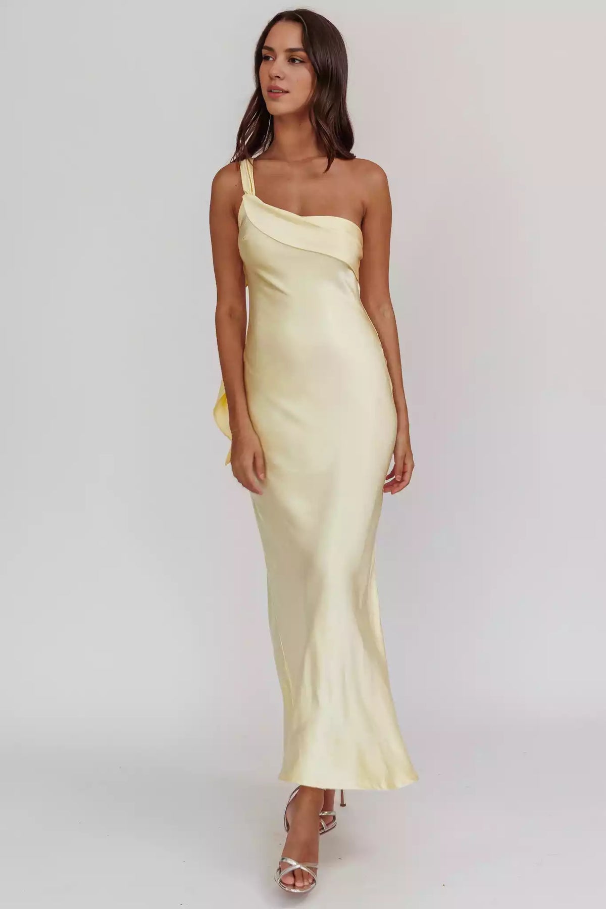 Gorgeous satin extra long single shoulder strap with ruffled edges, unlined, invisible side zipper Prom Dresses