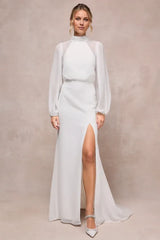 Graceful Love White Long Sleeve Backless Mermaid Wedding Dress With Slit