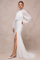 Graceful Love White Long Sleeve Backless Mermaid Wedding Dress With Slit