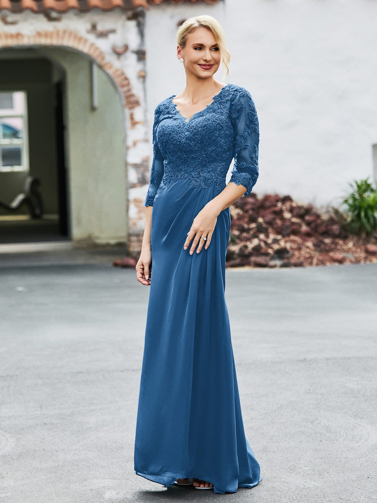 V-Neck Lace Top Half Sleeves Chiffon Dress Ink Blue