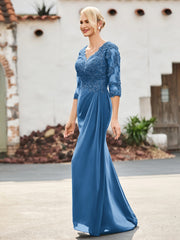 V-Neck Lace Top Half Sleeves Chiffon Dress Ink Blue