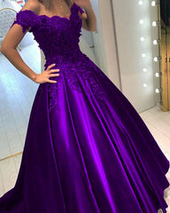 Grape Ball Gown Lace Flowers Beaded Off The Shoulder
