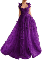Long Tulle Prom Dress with 3D Butterflies Floor Length Formal Evening Party Gowns for Women