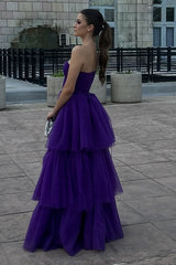 Grape Tulle A-Line Sweetheart Strapless Tiered Prom Dress Corst Formal Evening Gown