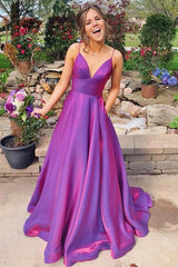 Grape Spaghetti Straps Satin Long Prom Dress With Pockets TP1075