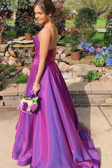 Grape Spaghetti Straps Satin Long Prom Dress With Pockets TP1075