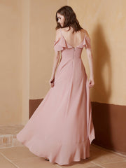V-neck Off Shoulder Ruffles Asymmetrical Dress Dusty Rose