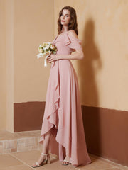 V-neck Off Shoulder Ruffles Asymmetrical Dress Dusty Rose