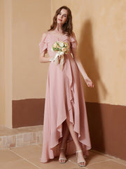 V-neck Off Shoulder Ruffles Asymmetrical Dress Dusty Rose