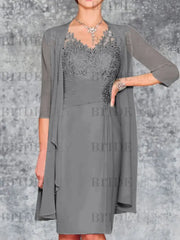 Two Piece Ruffle Chiffon Mother of the Bride Outfit Lace Short Wedding Guest Dress