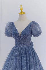 Gray Blue A-Line Tulle Long Prom Dresses Blue Tulle Formal Dresses  TP1228