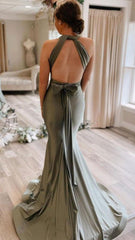 Gray Green Mermaid Satin Long Prom Dress Evening Dress TP1028