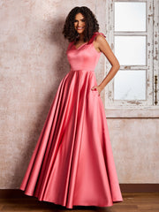 V-neck Floor-length Shoulder Bow Satin Dresses with Pockets Watermelon