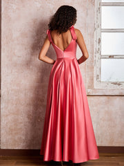 V-neck Floor-length Shoulder Bow Satin Dresses with Pockets Watermelon