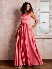V-neck Floor-length Shoulder Bow Satin Dresses with Pockets Watermelon