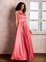 V-neck Floor-length Shoulder Bow Satin Dresses with Pockets Watermelon