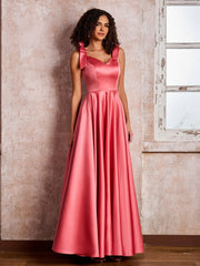V-neck Floor-length Shoulder Bow Satin Dresses with Pockets Watermelon
