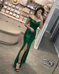 Sparkle Sequin Mermaid Dresses Off Shoulder Leg Slit