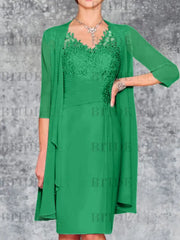 Two Piece Ruffle Chiffon Mother of the Bride Outfit Lace Short Wedding Guest Dress