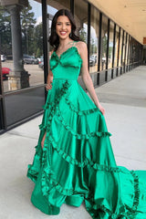 Green A-Line V-Neck Satin Ruffled Long Prom Dress