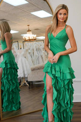 Green Backless Ruffled Long Prom Dress with Slit