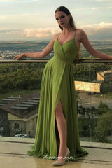 Green Chiffon Spaghetti Strap Side Slit Formal Dresses, CP0839