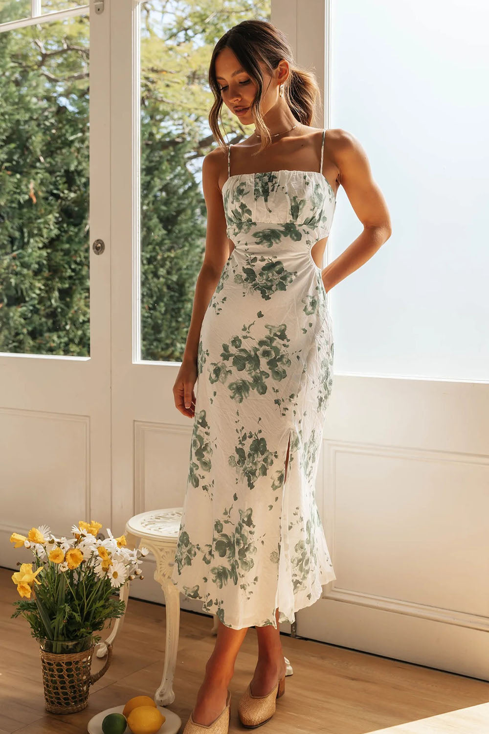Green Floral Print Spaghetti Straps Long Prom Dress with Slit