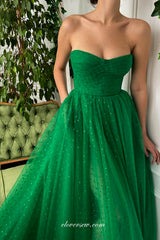 Green Heart Embroidery Tulle Strapless A-line Side Slit Prom Dresses, CP0965