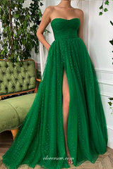 Green Heart Embroidery Tulle Strapless A-line Side Slit Prom Dresses, CP0965