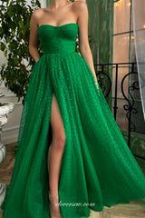Green Heart Embroidery Tulle Strapless A-line Side Slit Prom Dresses, CP0965