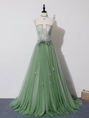 Green Lace Long Prom Dresses, Green Lace Long Formal Graduation Dresses