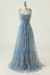 Floral Embroidery Tying Straps Pleated Long Party Dress