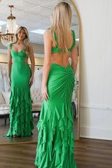 Green Ruffled Mermaid Satin Long Prom Dress