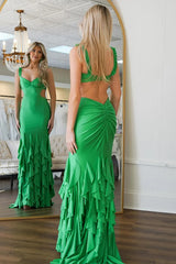 Green Ruffled Mermaid Satin Long Prom Dress