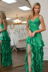 Green Sheath Spaghetti Straps Satin V-Neck Tiered Long Prom Dress