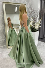 Green Spaghetti Strap Lace Up Back A-line Simple Prom Dresses, CP0863