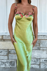 Green Satin Spaghetti Straps Sheath Long Prom Dress