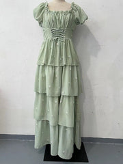 Green Square Neck Ruffled Long Prom Dress with Puff Sleeves