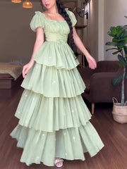 Green Square Neck Ruffled Long Prom Dress with Puff Sleeves