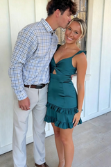 Green Straps V-Neck Sleeveless Satin Ruffles Short Homecoming Dress
