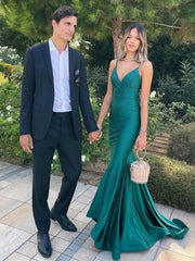 Green V Neck Backless Mermaid Satin Prom Dresses, Open Back Mermaid Green Formal Graduation Dresses