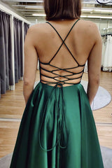 Green V Neck Backless Satin Prom Dresses, Open Back Green Satin Formal Evening Dresses