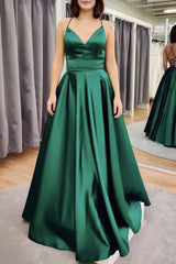 Green V Neck Backless Satin Prom Dresses, Open Back Green Satin Formal Evening Dresses