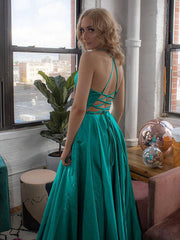 Green V Neck Long Prom Dresses, V Neck Green Long Formal Evening Dresses