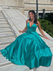 Green V Neck Long Prom Dresses, V Neck Green Long Formal Evening Dresses
